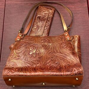 Patricia Nash Leather Tote Bag Romina W Wallet Tan/gold 2 PC Tobacco Fields